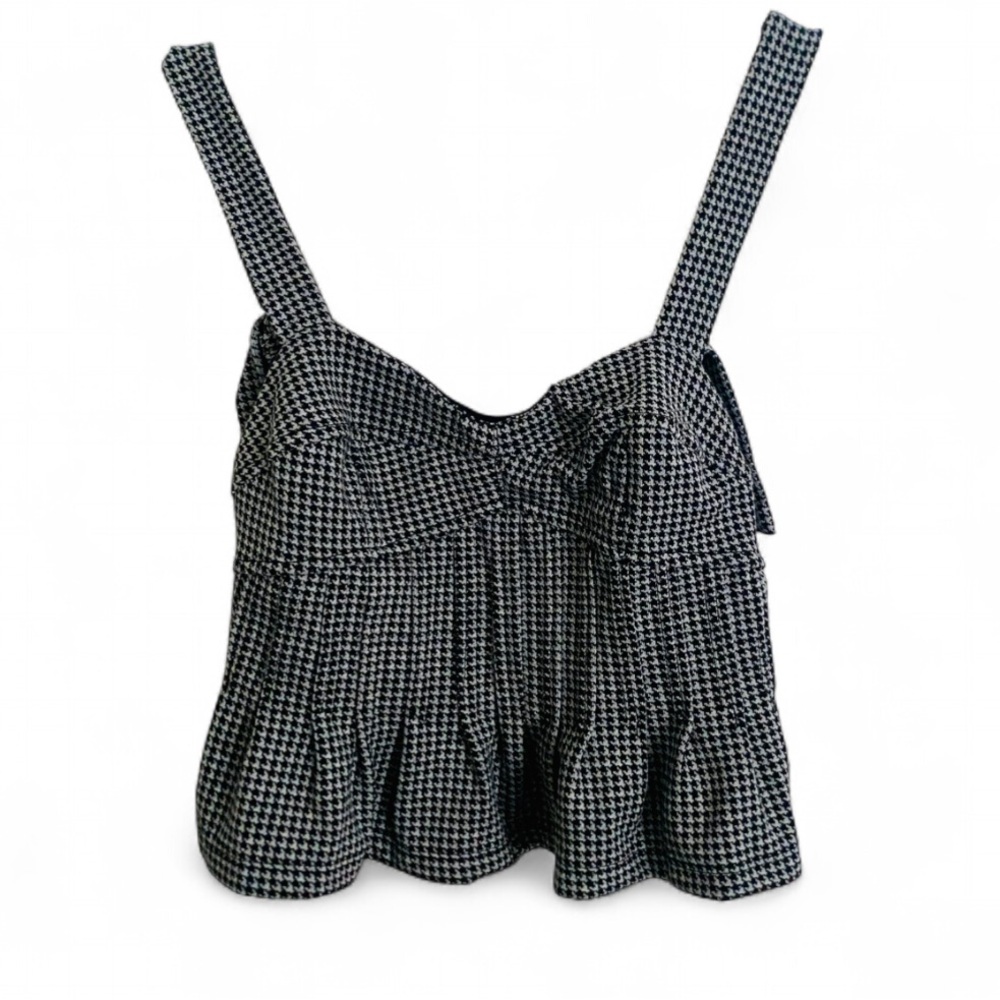 FREE PEOPLE BLACK WHITE GINGHAM SLEEVELESS CORSET RUFFLE HEM CROP TOP SIZE XS